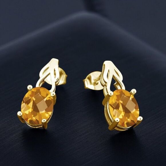 18K Yellow Gold 925 with 2.60 Cttw Madeira Citrine Oval Post Back Drop Earrings - Picture 2 of 4